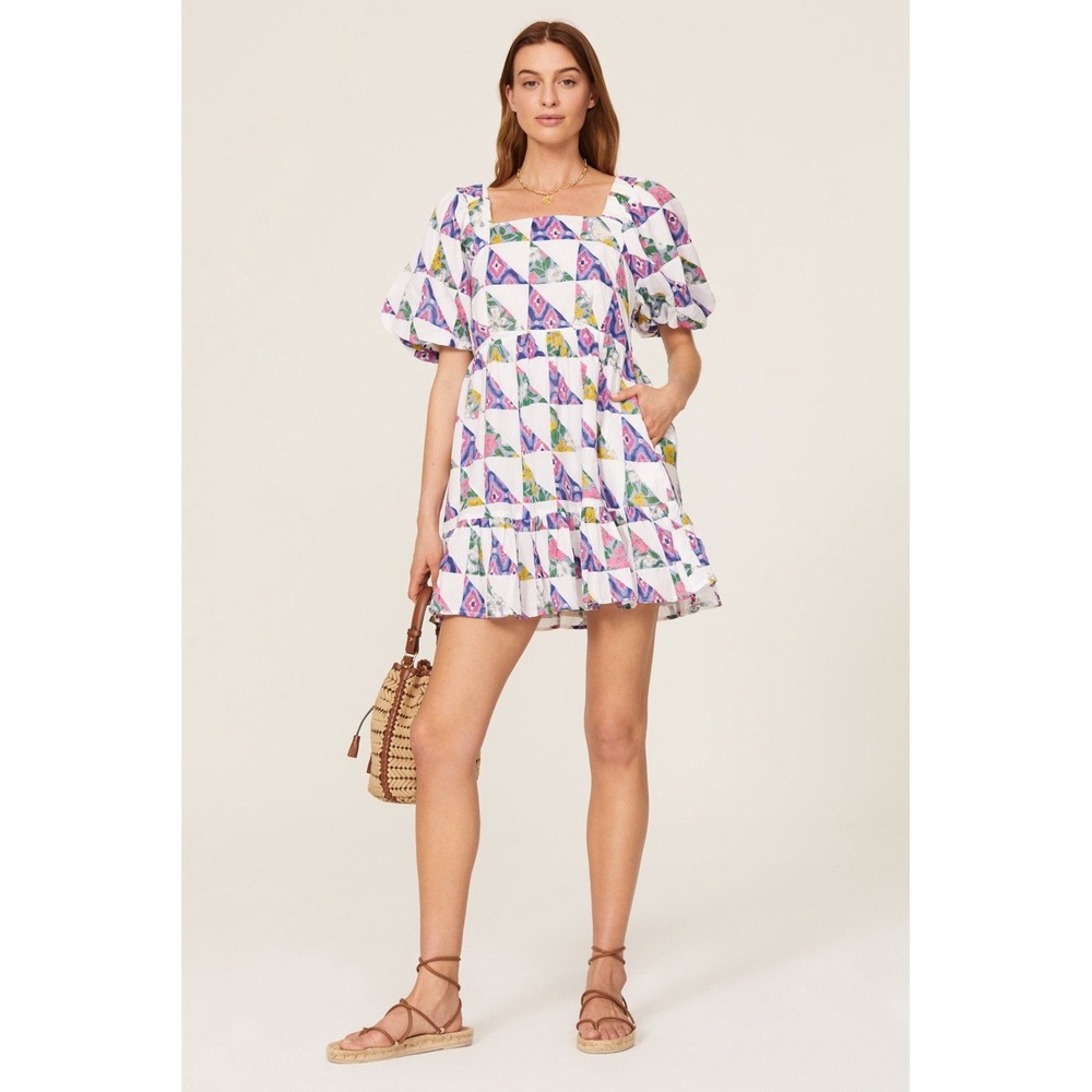 BANJANAN Harley‎ Patchwork Mini Dress Women's Square Neck 100% Cotton Size XS